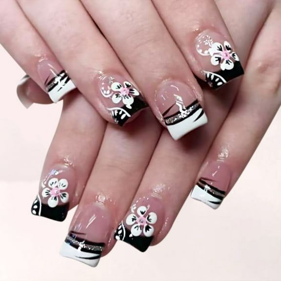 KUFptva Square Press on Nails French Tips Fake Nails Full Covers False Nails with Flower Design Glitters Artificial Acrylic Nail