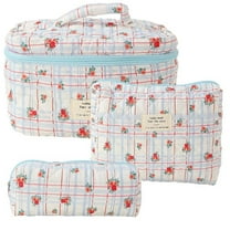 EWASWON 3 Pcs Cotton Quilted Makeup Bag Set Floral Cotton Cosmetic Bag Toiletry Travel Organizer Bag For Women Girls
