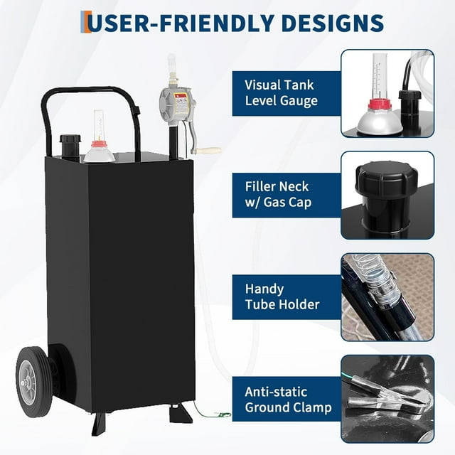 Royalbelle 30 Gallon Fuel Caddy with Wheels & Manual Transfer Pump,Portable Gas Tank with Reversible Rotary Hand Siphon Pump,with 2 Rolling Flat-Free Solid Rubber Wheels,More,Black