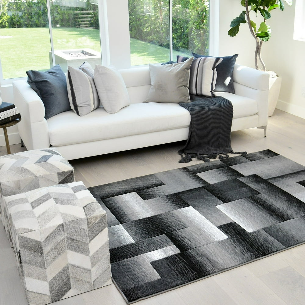 Grey/Silver/Black/Abstract Area Rug Modern Contemporary Geometric Cube