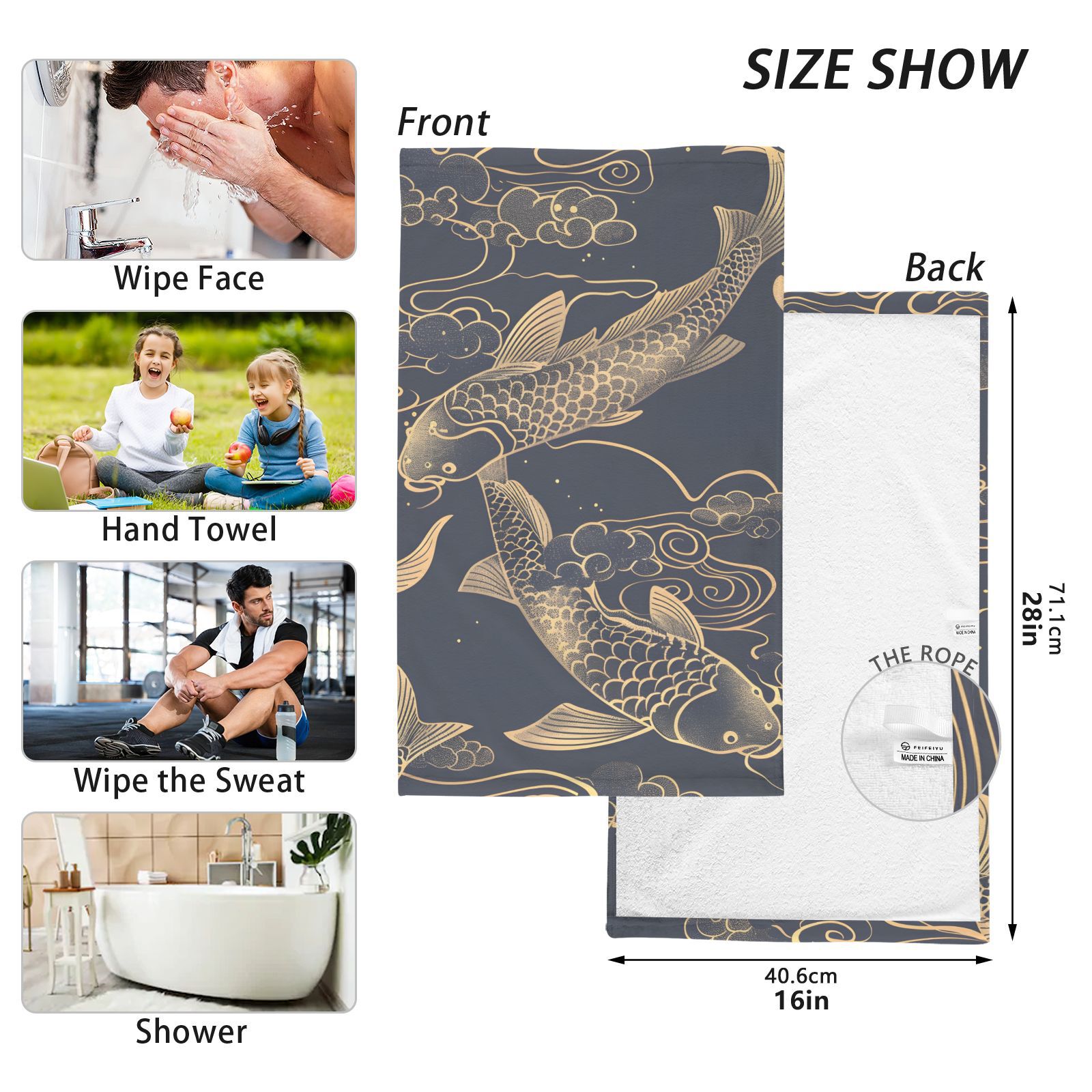 Gold Line Fish Hand Towels Cotton Bath Towels Large Face Towels Absorbent for Bathroom 2 Packs