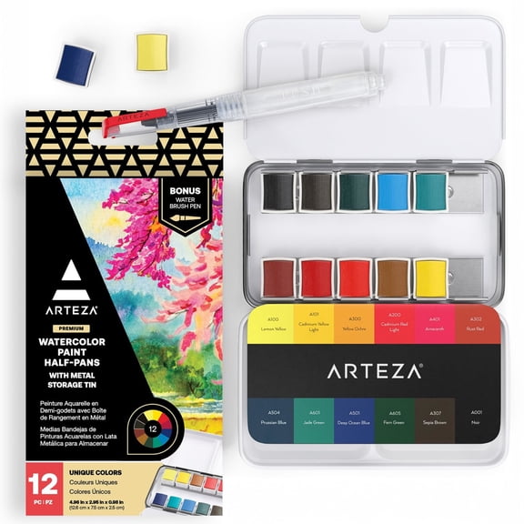 Arteza Watercolor Paint, Multicolor, Set of 12, Half Pans