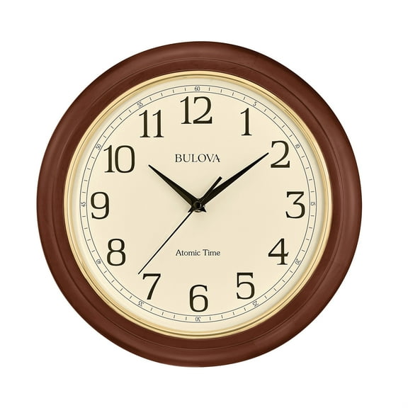 Bulova Wooden Atomic analog wall clock, C5004 Atomic Time 2, sets automatically, quartz battery.