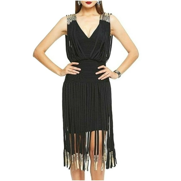 Women Sexy Short Fringe Low Chest V-Neck Banquet Tassel Bandage Dress L