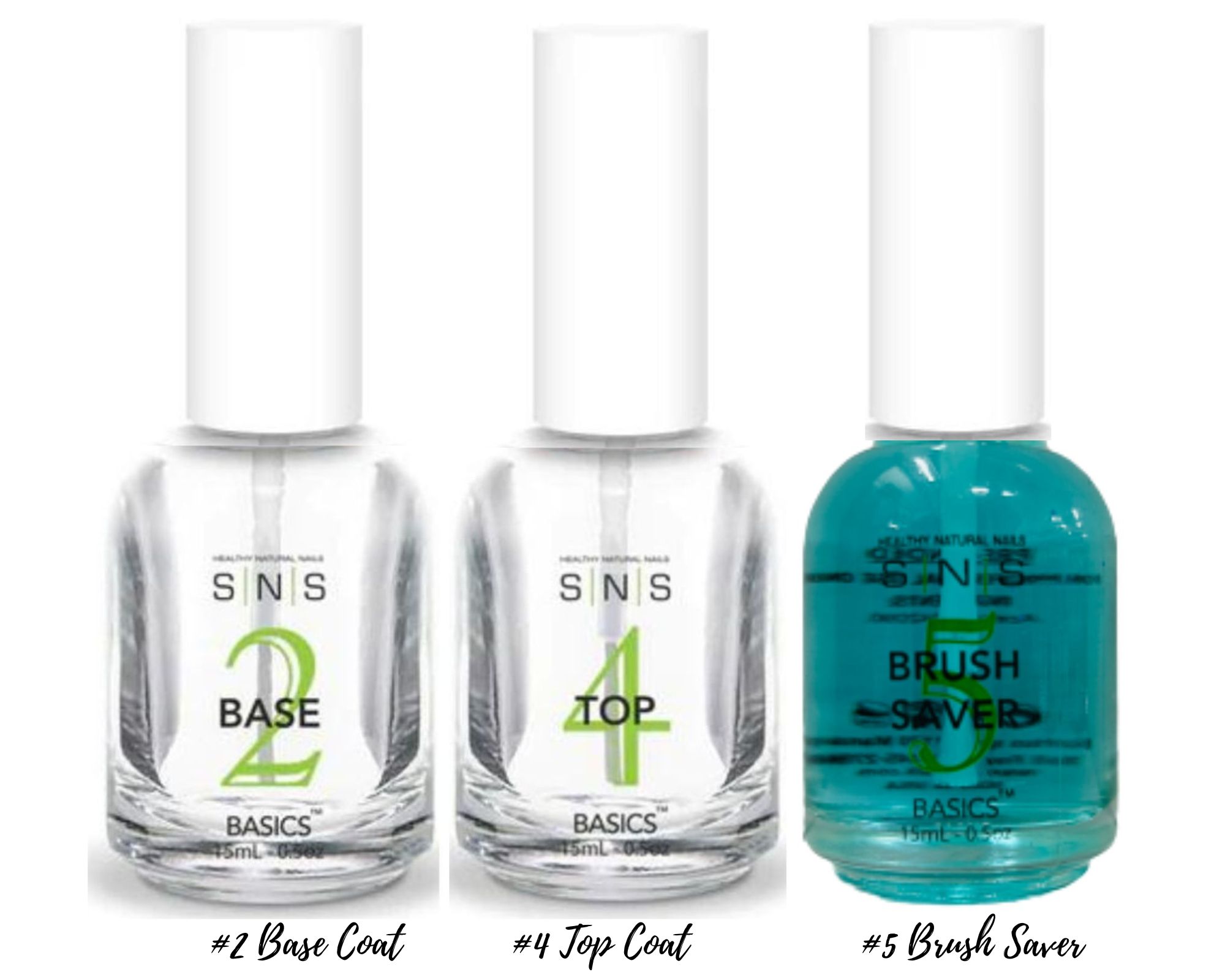SNS Bases&Sealers - Basics 3 pcs Set - #2 Base Coat,#4 Top Coat, # 5 Brush Saver ( 0.5 each )