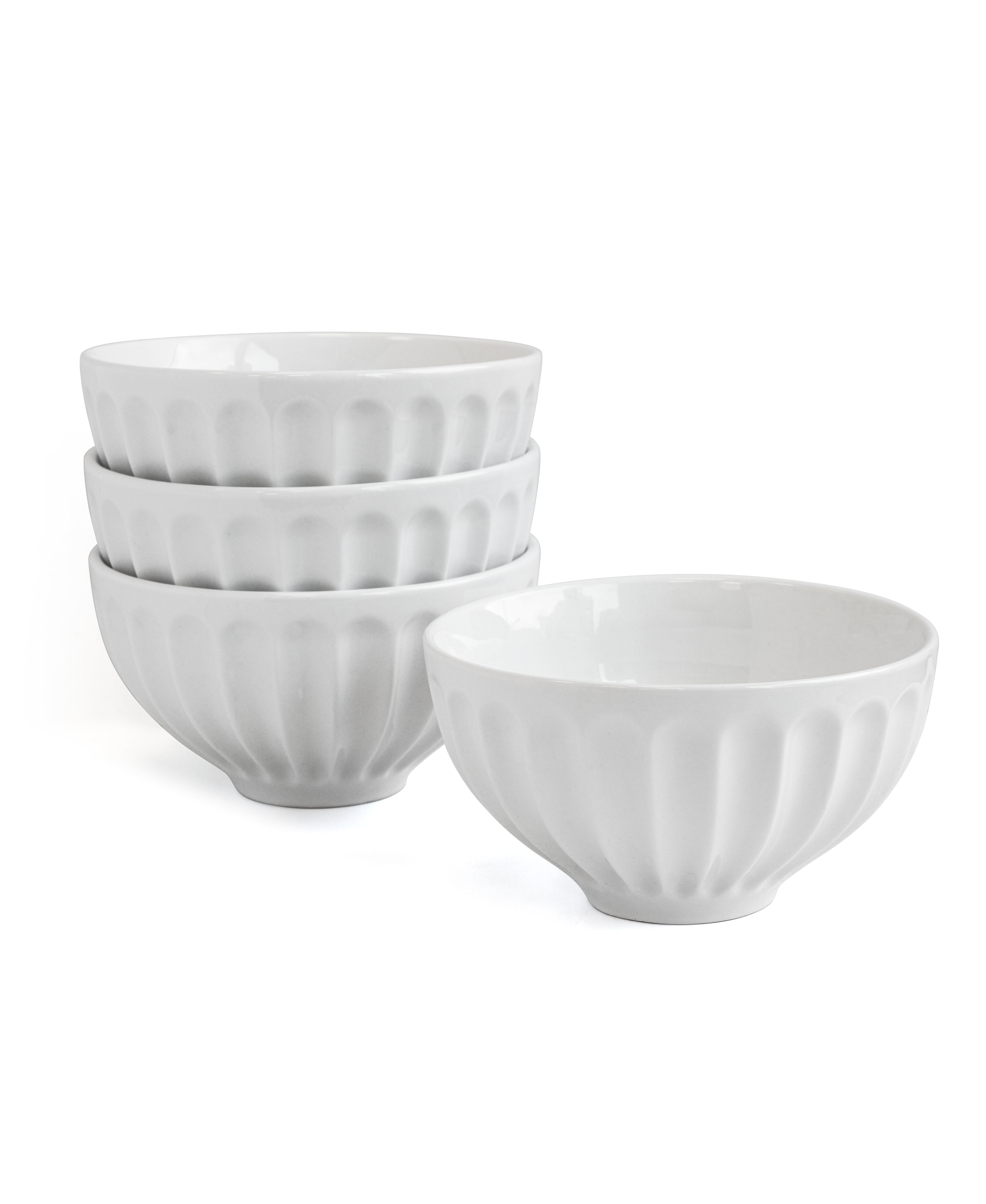 Over and Back Set of 4 White Round Porcelain Fluted Bowls