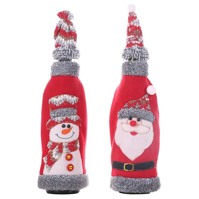 2 portabotellas de vino navideños, portabotellas de vino tinto con borde y capucha de terciopelo gris, bolsa de vino tinto con decoración de champán