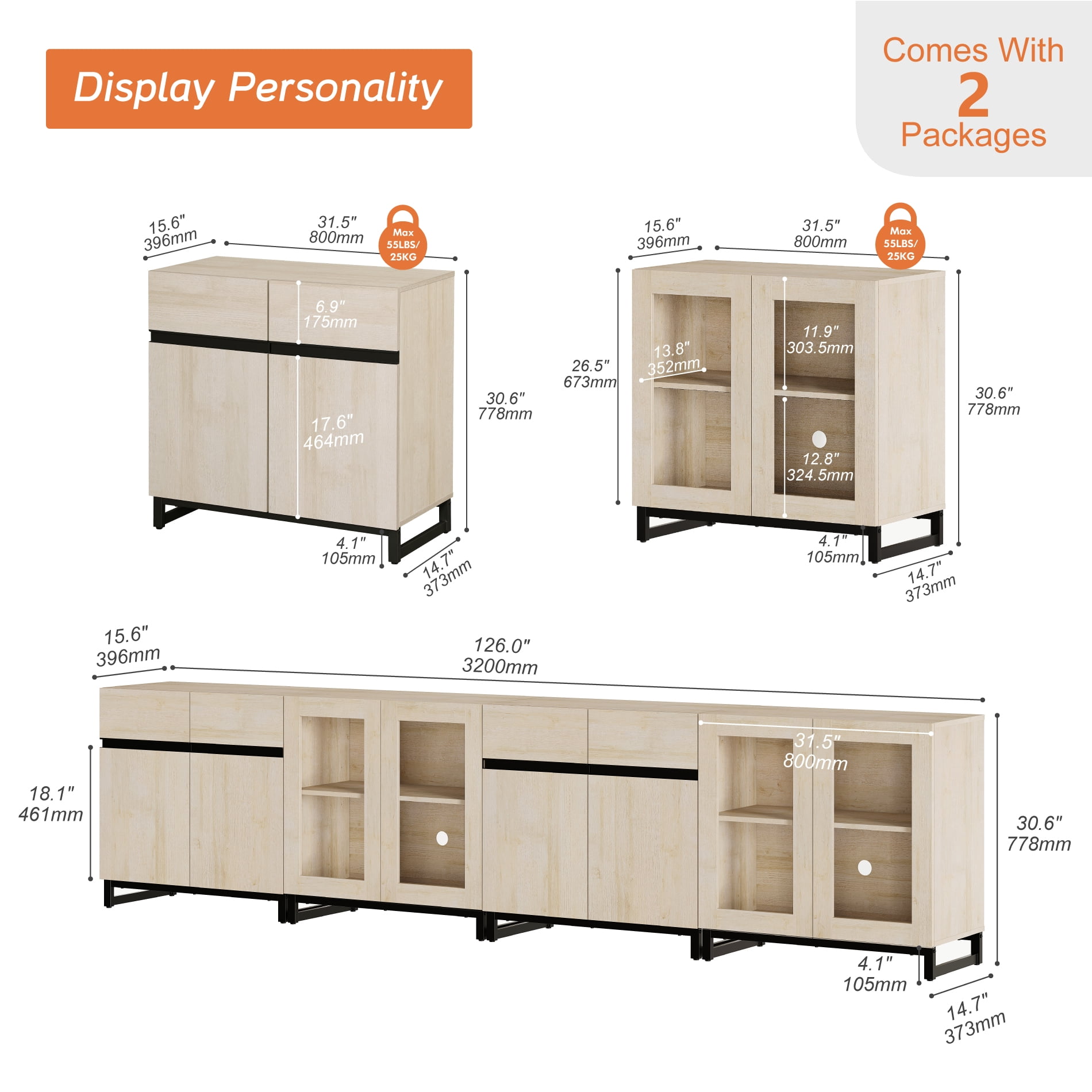 Modern Sideboard With Adjustable Shelves, 4 In 1 Storage Cabinet With Glass Doors, Coffee Bar Cabinet For Living Room, Kitchen,Dinning Room,Beige