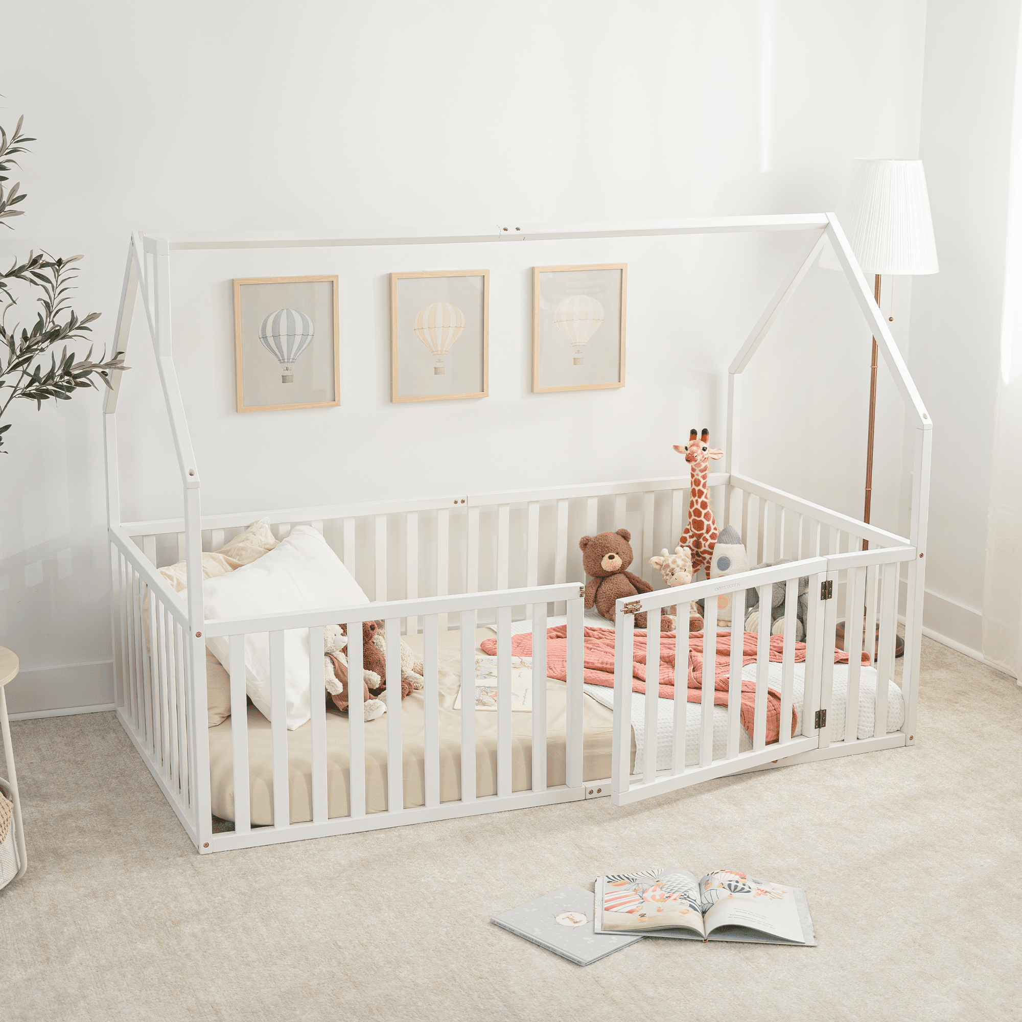 Comfy Cubs Kids House Gated Floor Bed Twin Size for Children Aged 5+,Montessori Bed - White
