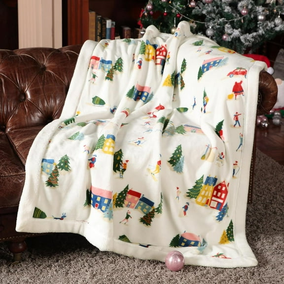 Reversible Sherpa Throw Blanket Cozy Warm Christmas Blanket Ski Resort Print Plush Blanket Thick Throw Blanket for Couch Sofa (White, 50"x60")