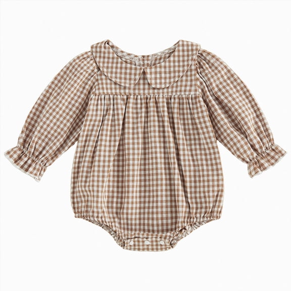 mgoYE Newborn Baby Girl Bubble Romper Long Sleeve Linen Bodysuit Infant Plaid Fall Winter Outfit(Khaki,0-3 Months)