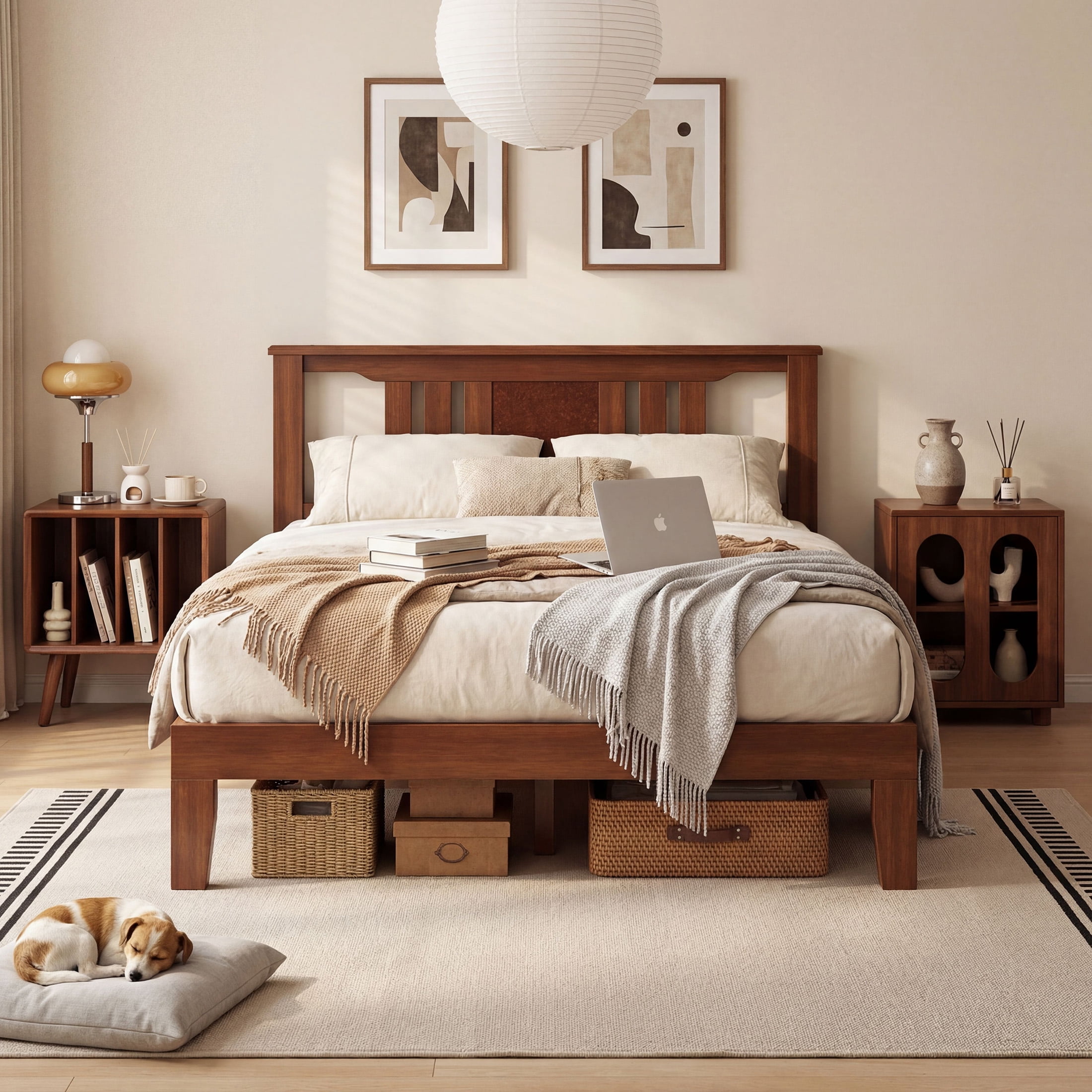 edx Mid Century Solid Wood Platform Bed with Headboard, Full Size Bed Frame with Wood Slat Support, No Box Spring Needed, Walnut Finish