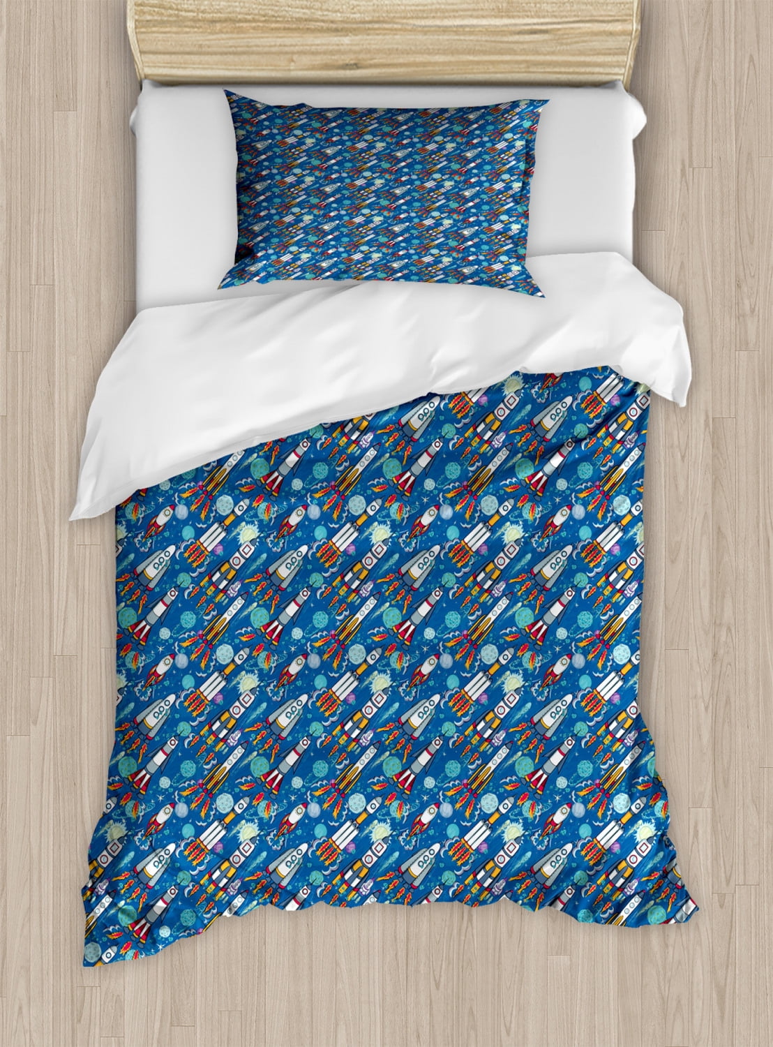 Spaceship Duvet Cover Set Twin Size, Hand-drawn Cartoon Spaceships ...