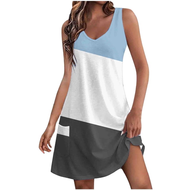 Vestido de Verano para Mujeres sin Mangas Cuello en V con Impresión de Bolsillo, Vestido Casual para Uso Diario Y de Fiesta