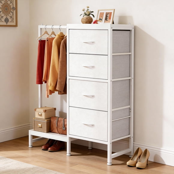 4 Drawer Dresser with Hanging Rack, Fabric Drawer Small Wardrobe with Open Shelf, 2-in-1 Small Closet for Bedroom Living Room Hallway