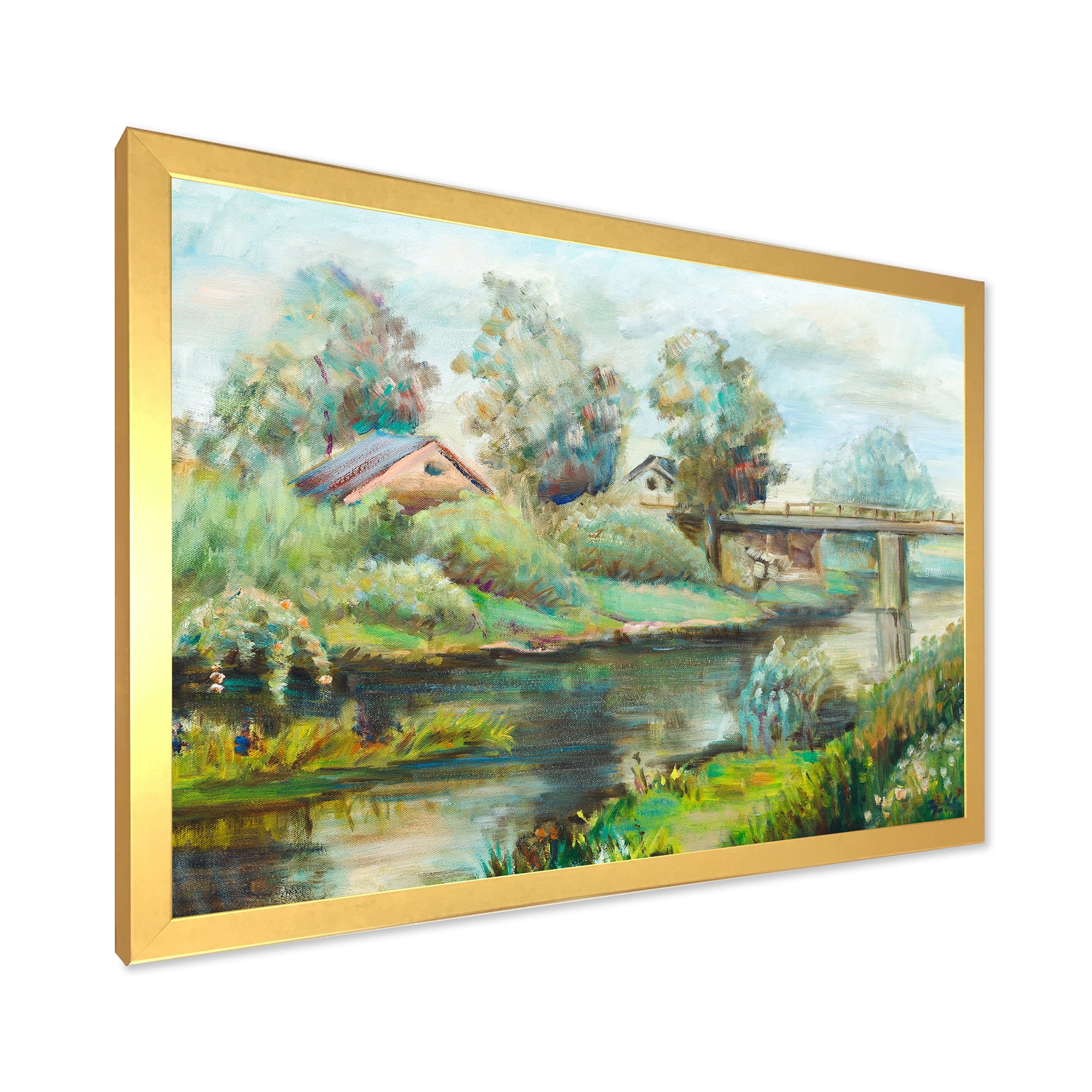 Designart 'Rustic Landscape With Bridge On The River' Lake House Framed Art Print