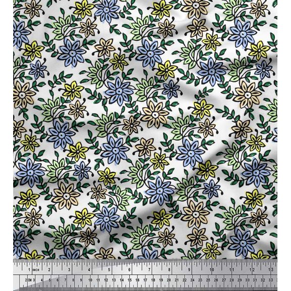 Soimoi Poly Georgette Fabric Leaves & Floral Block Print Fabric by Yard 42 Inch Wide