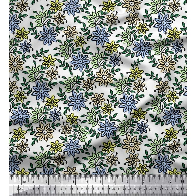 Soimoi Rayon Crepe Fabric Leaves & Floral Block Print Fabric by The Yard 46 Inch Wide