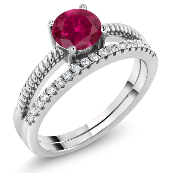 Gem Stone King 925 Sterling Silver Red Created Ruby Engagement Engagement Ring for Women (1.19 Cttw, Gemstone July Birthstone, Round 6MM, Size 9)