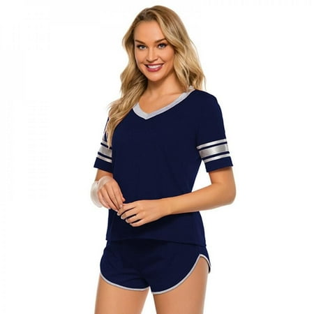 

Clearance!Pijama Women s Pajamas Sets Sleepwear Shorts Sleeve V-neck Woman Pajamas Breathable Sleepwear Pijama Set Pyjama Navy S