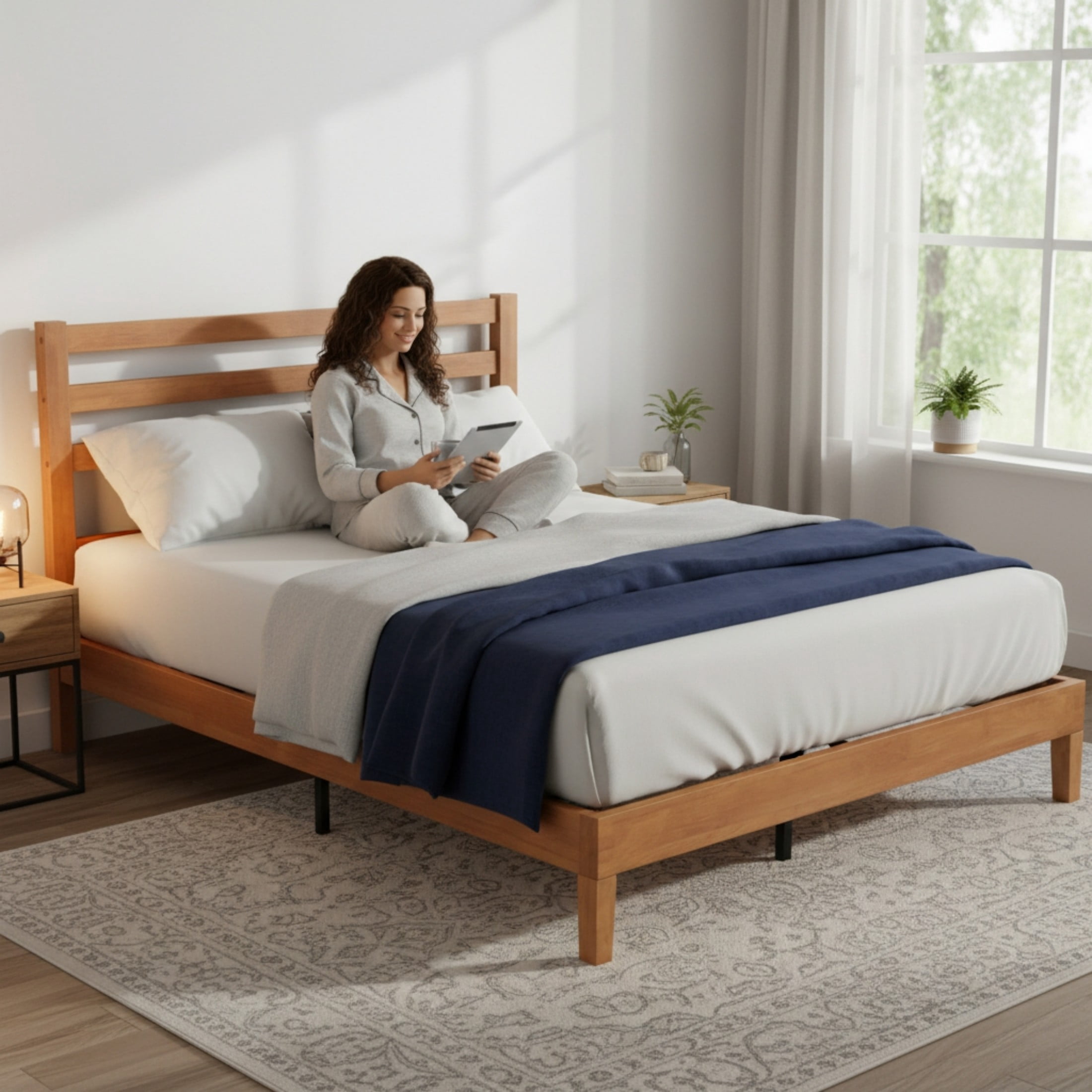 CONCETTA Wood Queen Size Bed Frame with Headboard, Walnut Finish, Sturdy Slat Support, Ideal for Bedroom and Guest Room
