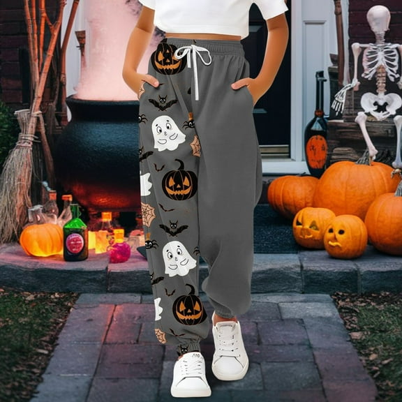 XQYLOS Girls Halloween Sweatpants - Pumpkin Ghos𝗍 Print 𝖣rawstring Baggy High Waisted Elastic Long Bottom for Kids 3-14Y