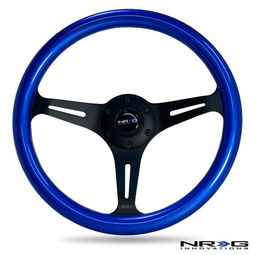 NRG Innovations ST-015BK-BL Roue à Grain de Bois Classique (350mm 3 Rayons Noirs, Bleu Perle/peinture Flocon)