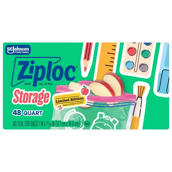 Ziploc® Brand Quart Storage Bags, with Limited-Edition Back-to-School Print Designs, 48 Count