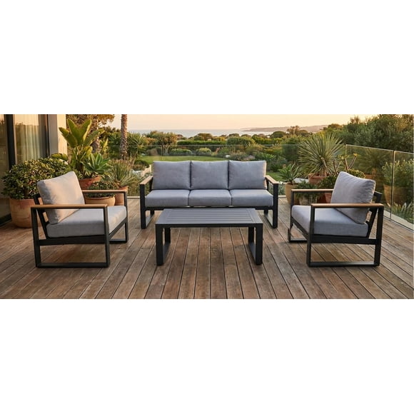 YUSAZENS 3-Seater Outdoor Aluminum Sofa Set, 4-Piece Patio Furniture, All Weather Conversation Set Gray