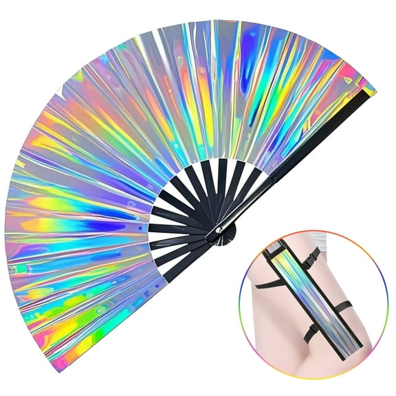 Large Folding Clack Hand Fan, 13 Inch Laser Color Glitter with Holster – Fan for Festivals, Parties, Dance, and Cosplay