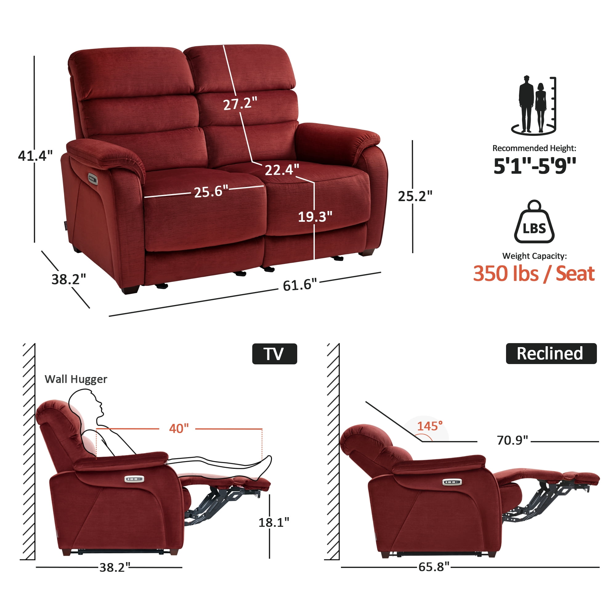 MCombo Zero Wall Hugger Power Recliner Loveseat for Living Room, RVs, Small Spaces, Fabric, Burgundy