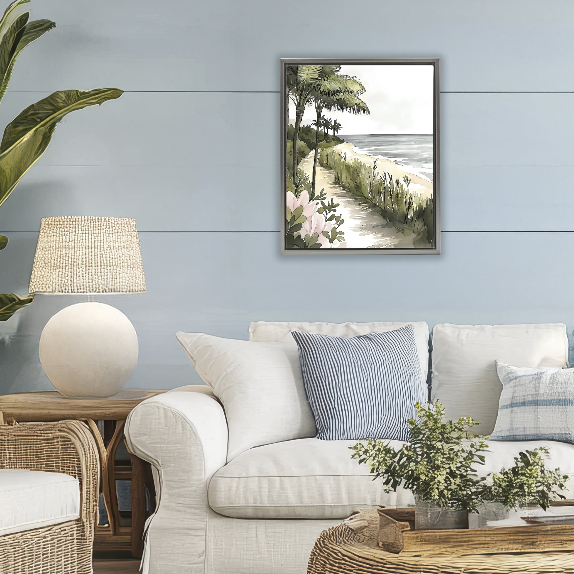Stupell Industries Coastal Calm Palm Tree Pathway Gray Framed Floater Canvas Wall Art, design by Riley B