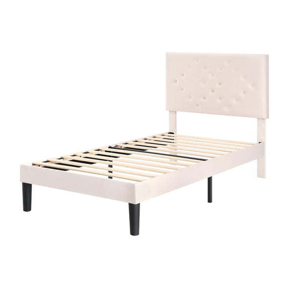 edx Upholstered Twin Bed Frame with Height-Adjustable Headboard and Crystal Buckle Accents, Beige