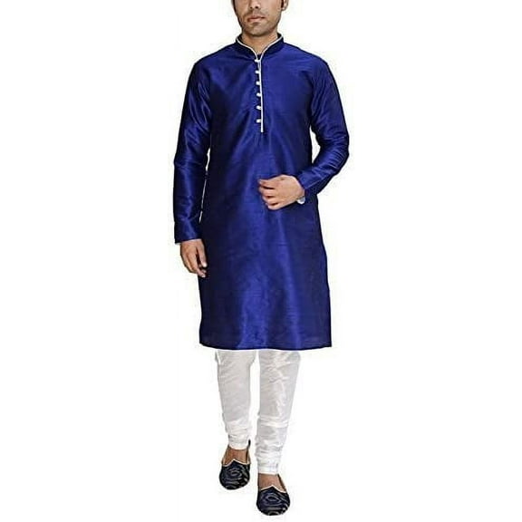 Royal Men's Blue Silk Blend Loop Button Kurta Churidar Set