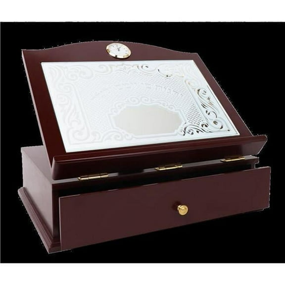 14.5 x 12 x 5.5 in. Mahogany Table Shtender with Mirror Designed Top & Drawer with Gold Clock