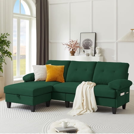 YANGLI 85" Convertible Sectional Sofa w/ Storage, L-Shaped 3-Seat Couch w/ Reversible Chaise, Polyester for Living Room/Apartment/Small Space, Green