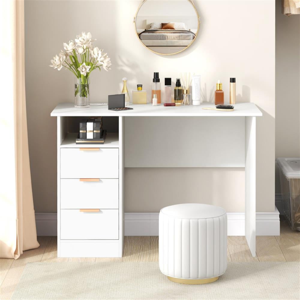 Demi Bonn Home Office Desk with Power Outlet 3 Storage Drawers and Open Compartment, Small Home Computer Desk Study Writing Table, White