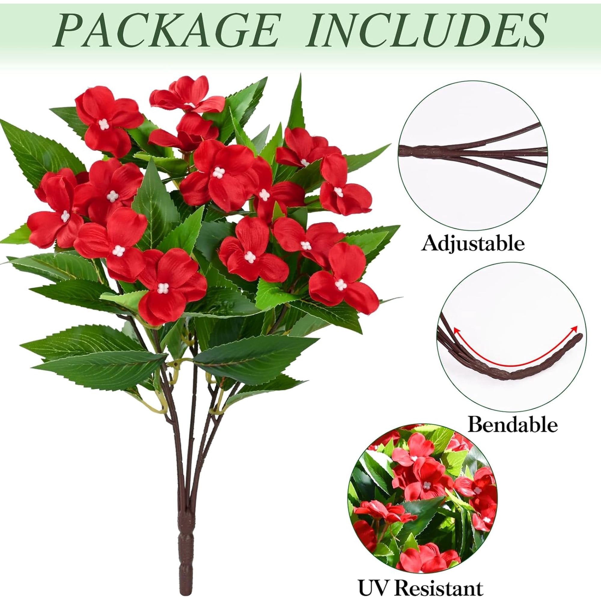 Yastouay 10 Pcs Artificial Flowers for Outdoors ,UV Resistant Faux Impatiens for Outdoor Planters,Red Silk Flowers for Front Door Porch Decorations