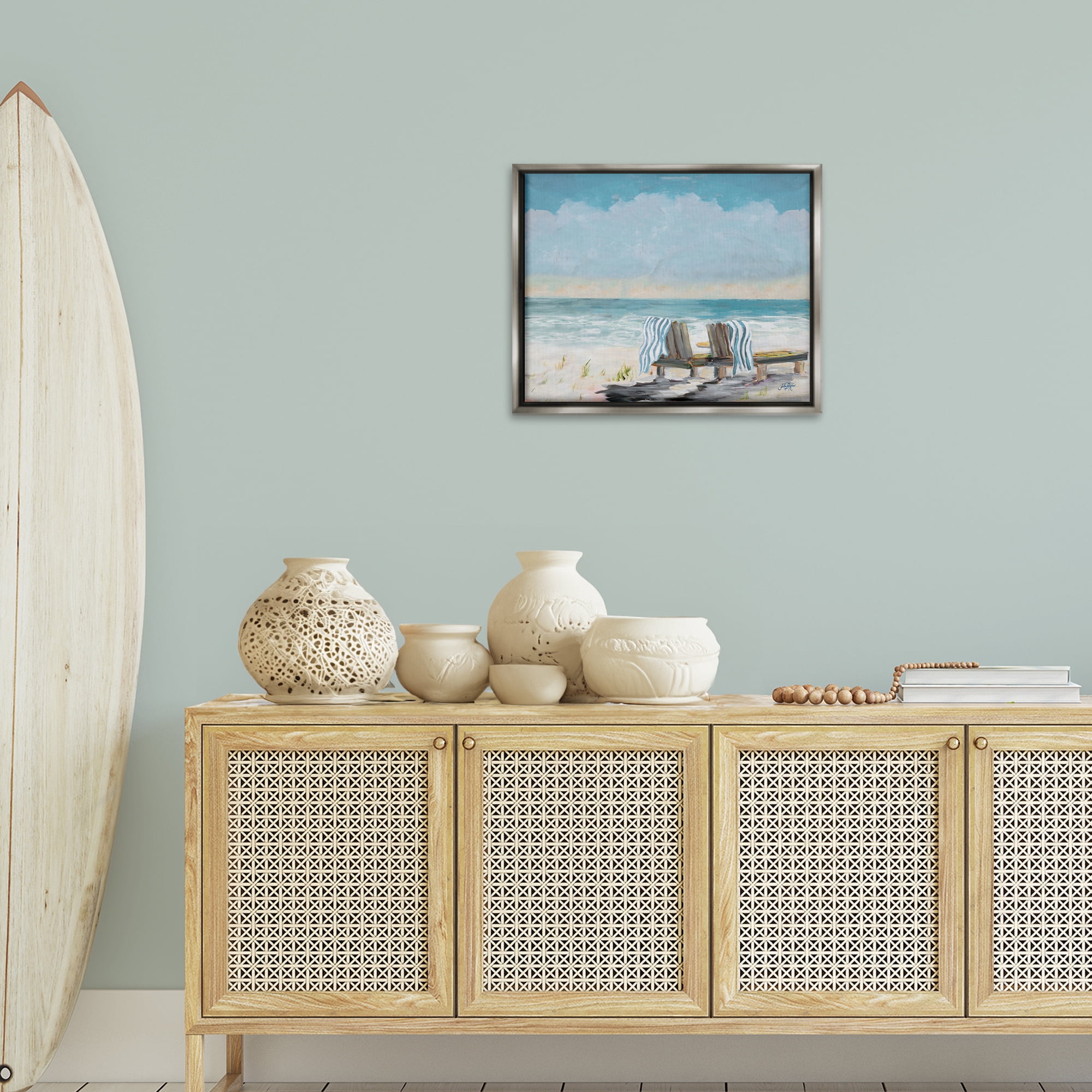 Stupell Industries Peaceful Beach Chairs Landscape Painting Gray Floater Framed Canvas Art Print Wall Art, 21 x 17