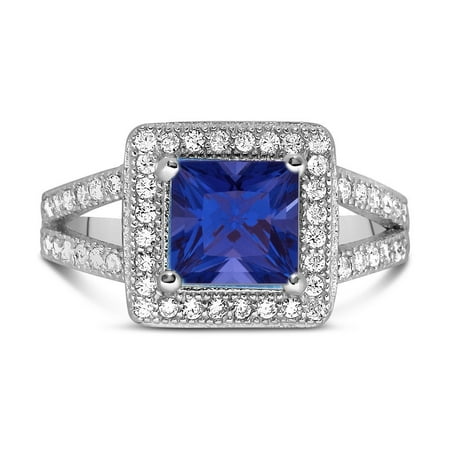 Princess Blue Sapphire Diamond - Designer 2 Carat Princess Cut Blue Sapphire and Diamond Halo Engagement Ring