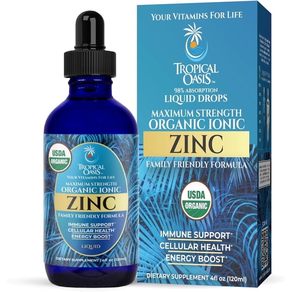 Tropical Oasis Ionic Zinc Drops for Kids & Adults, Maximum Strength Liquid Vitamin Vitamin Supplement for Immunity and Skin health, 4 Oz, 150 Servings
