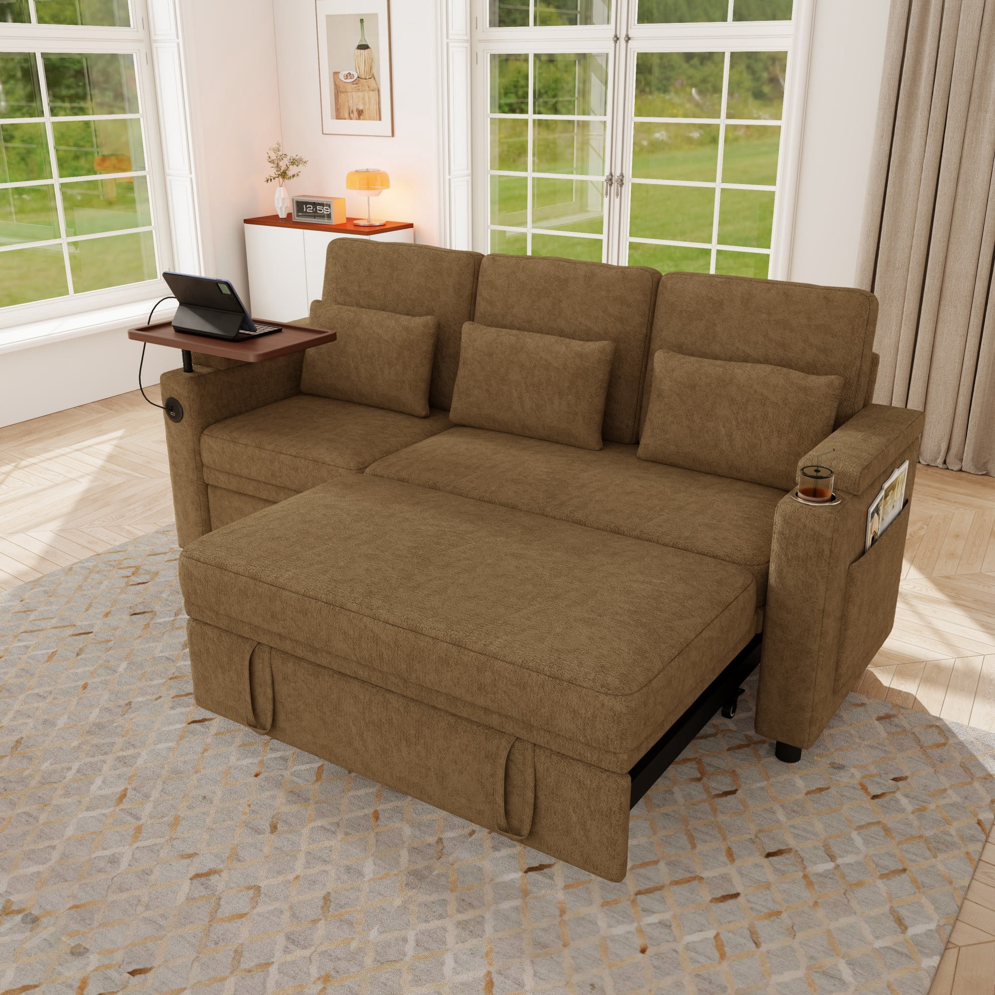 DEALTOPS 81" Chenille Pull-Out Sleeper Sofa Bed with Recliner, Tray Table, USB Ports & Storage, Brown