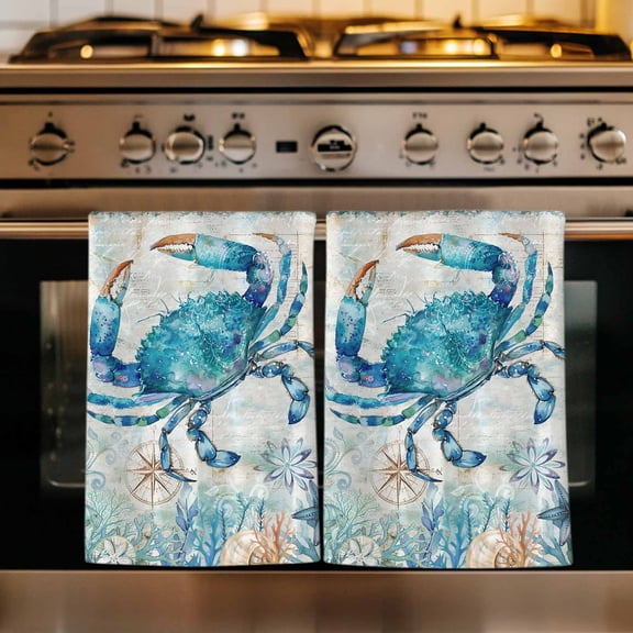 Teal Crabs Coastal Kitchen Towels Set of 2, Summer Beach Coral Nautical Ocean Absorbent Dish Towels for Kitchen, Microfiber Hand Towel, Quick Drying Tea Towel for Cleaning Decorative Dishcloths