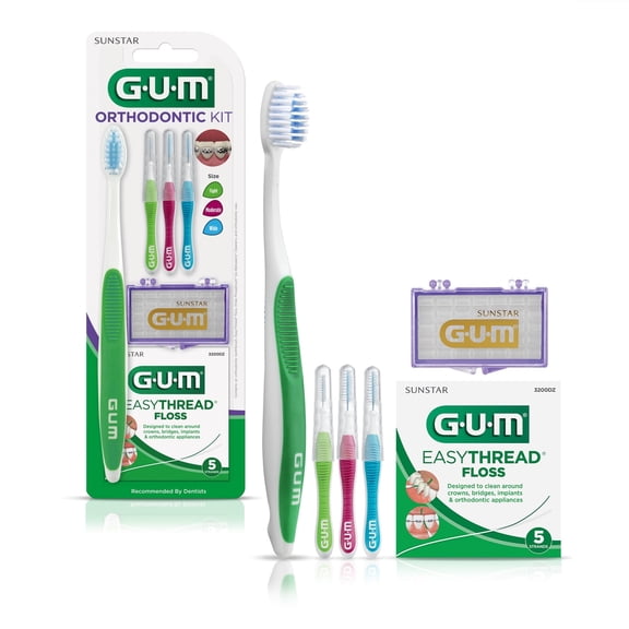 GUM Orthodontic Kit – Toothbrush, 3 Proxabrush Sizes, EasyThread Floss, and Mint Ortho Wax
