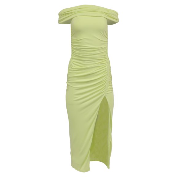 Pre-Owned Self-Portrait Off-Shoulder Ruched Midi Dress in Lime Green Viscose