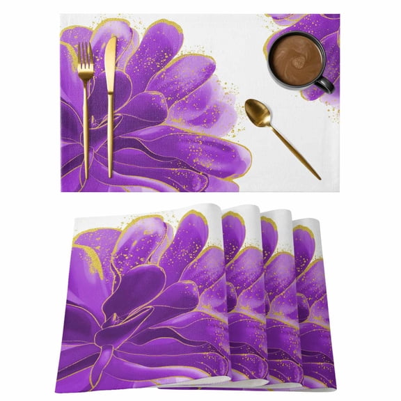 Purple Gold Placemats Set of 6, Abstract Flower Ombre Aesthetics Paint Placemats for Dining Table, Place Mats for Kitchen Tabletop, Waterproof Wipeable Dining Table Mats Set
