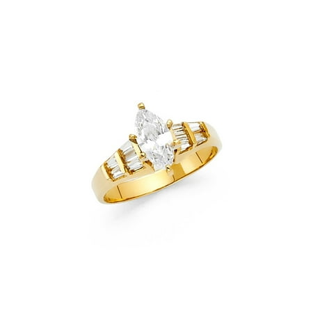 Solid 14kt Yellow Gold Marquise Ladies 14K Solid Yellow Gold Marquise Cut Cubic Zirconia with Baguette Side Stones Wedding Engagement Ring, Size 9.5 ()