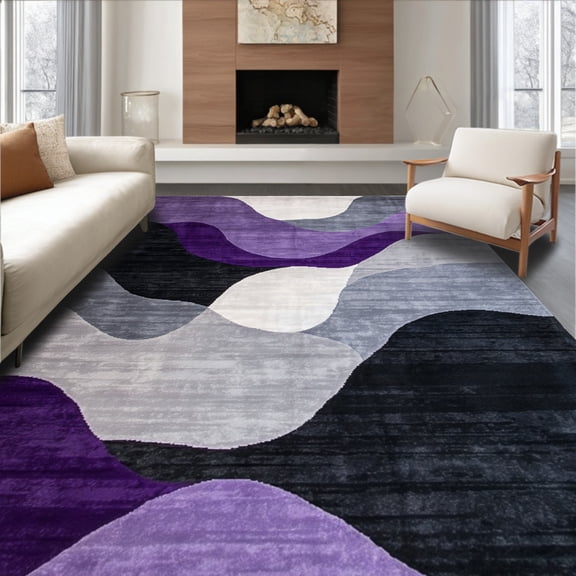 ODIKA 4'x6' Machine Washable Non-Slip Area Rug, Contemporary Rippled Wave Design Featuring Layered Shapes High Traffic Rug, Purple, 269844