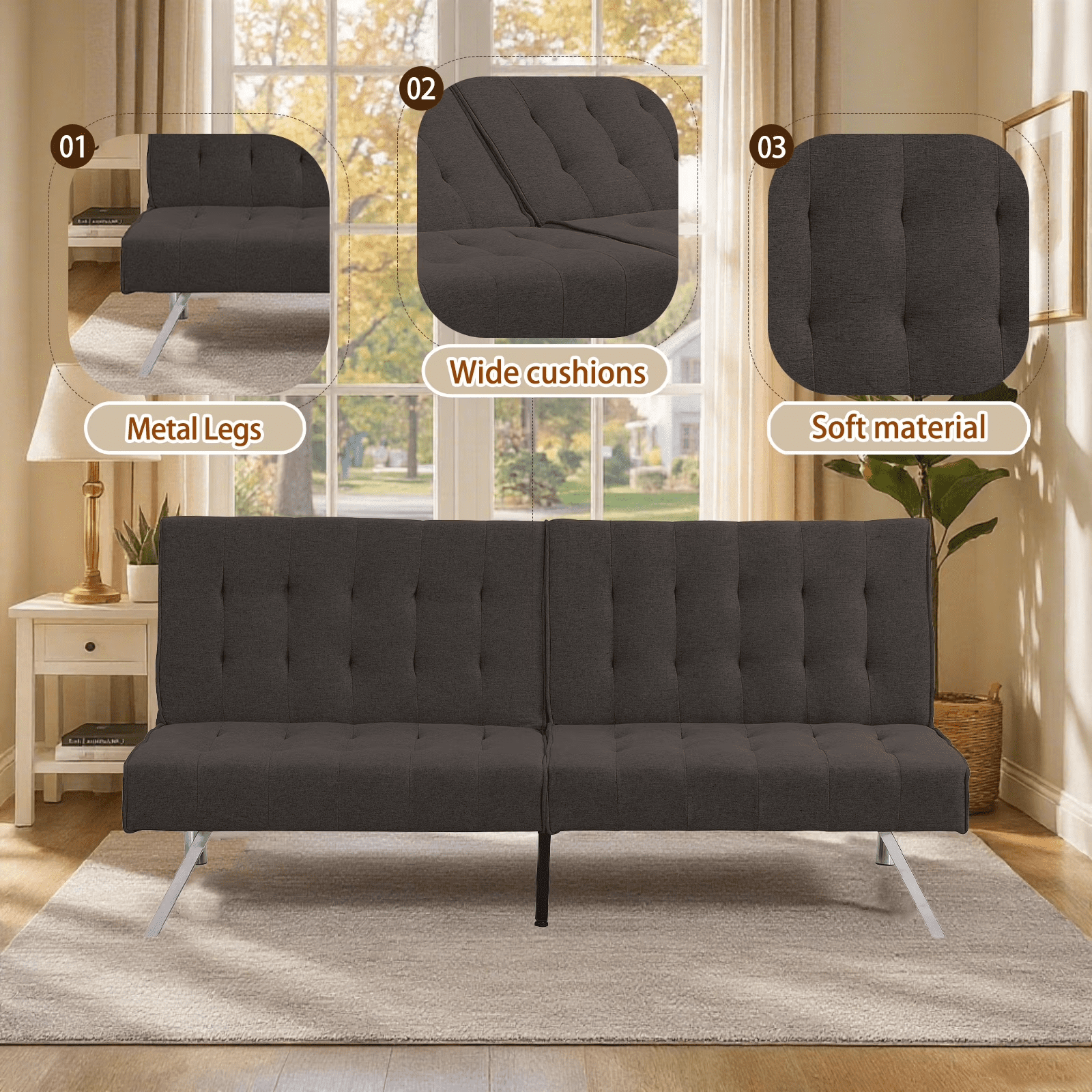 ASINMAK Convertible Sofa Bed Adjustable Couch Sleeper, Fabric Loveseat Futon Bed with Breathable Chenille, Metal Legs, and Adjustable Lounge - Perfect for Compact Living Space - Espresso