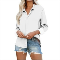 Button Down Shirts for Women Casual Long Sleeve Top Loose Fit Collared Blouse Plus Size S-3XL Work Office Outfit (L, White)